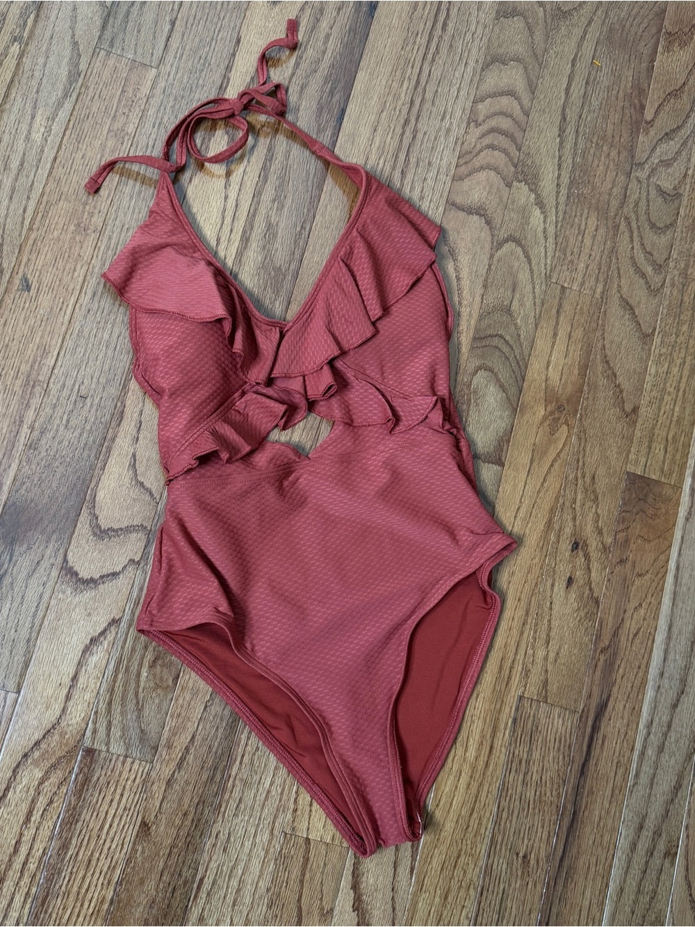 Aerie Ruffle Textured Cut Out One Piece Swimsuit Rust Brown Size S